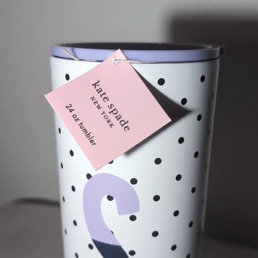 NWT Kate Spade 24oz Sparks of Joy Letter S Metal Coffe Tumbler Purple Navy White